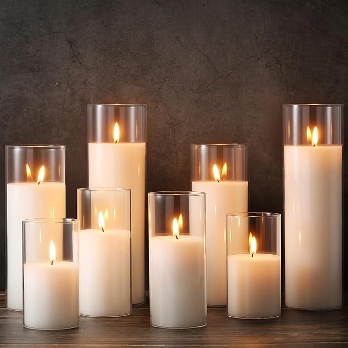 Shihanee Set of 24 Pillar Candles and Glass Cylinder Vases Assorted Sizes Clear Cylinder Holders for Pillar Candles Home Table Centerpieces Wedding Party Decorations (Multiple Sizes,White)