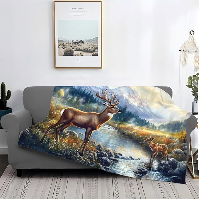 Tijuboni Elk Deer Throw Blanket Mountain Cabin Gifts for Women Men Girls Boys Kids Adults Soft Flannel Fleece Blanket for Couch Sofa Bed Home Decor 60"x80"