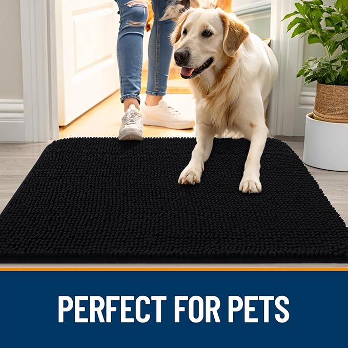 OLANLY Dog Door Mat for Muddy Paws 34x21, Absorbs Moisture and Dirt, Absorbent Non-Slip Washable Doormat, Quick Dry Chenille Mud Mat for Dogs, Entry Indoor Entryway Carpet for Inside Floor, Black