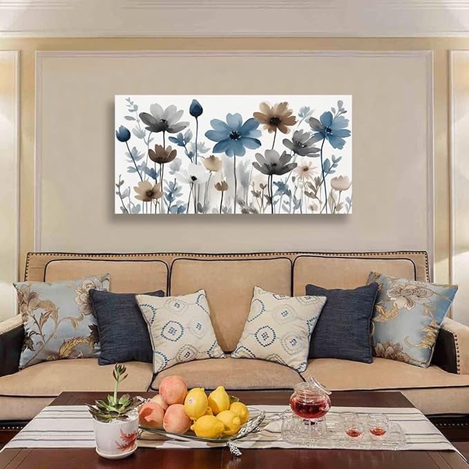 KZKU Flowers Canvas Wall Art - Floral Pictures for Wall Decor Indigo Brown Grey Canvas Prints Nature Printing Artwork for Living Room Bedroom Home Office Wall Decoration 24" x 48"