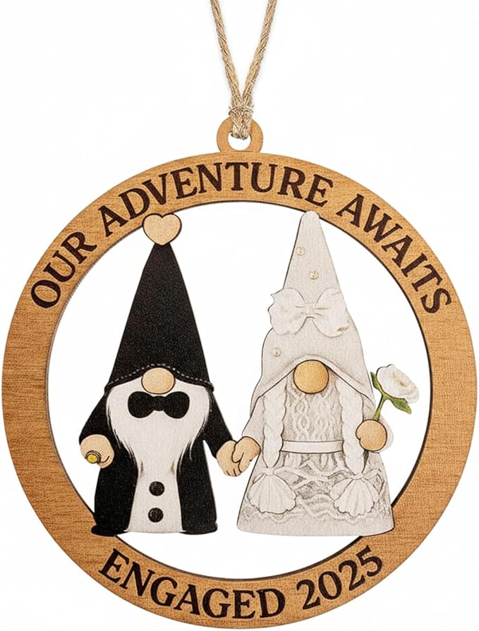 Engagement Ornament, Gnome Ornaments, Gnome Gifts for Women, Wedding Ornaments, Our Adventure Awaits Engaged 2025 Wooden Keepsake, Handmade Couple Christmas Decoration, Engagement Gifts Ready to Gift