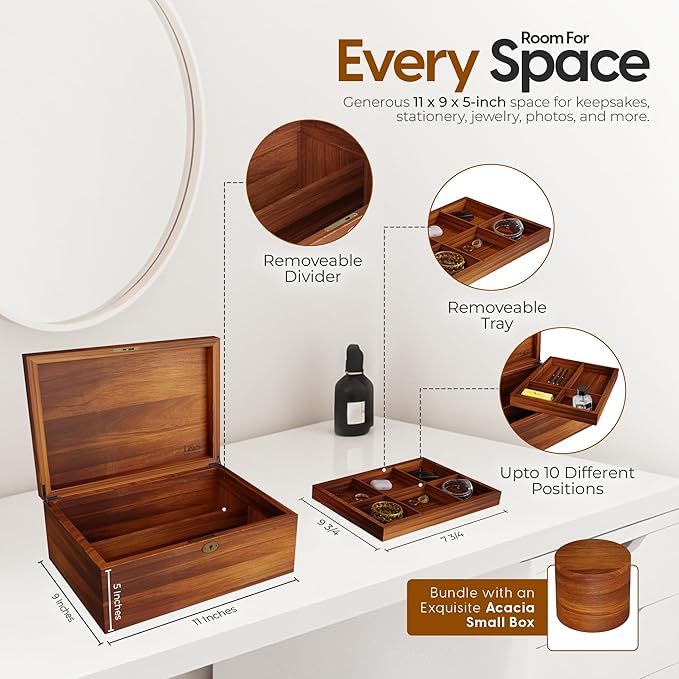 LUSH & STYLE Acacia Wooden Box, Keepsake With Hinged lid and locking key, Decorative, Memory, Wooden Storage Boxes, Customizable Design With Adjustable Tray,keepsake trunk(Divider Model) Large