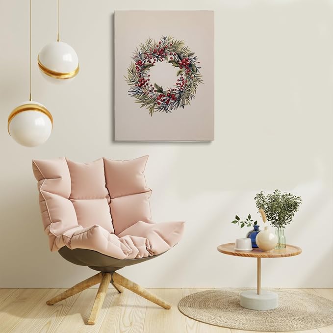 Festive Holiday Decor Vintage Christmas Wreath Drawing Print Poster, Old Fashion Rustic Wall Art, Fireplace Farmhouse Home Decor 16x24inch Framed Art