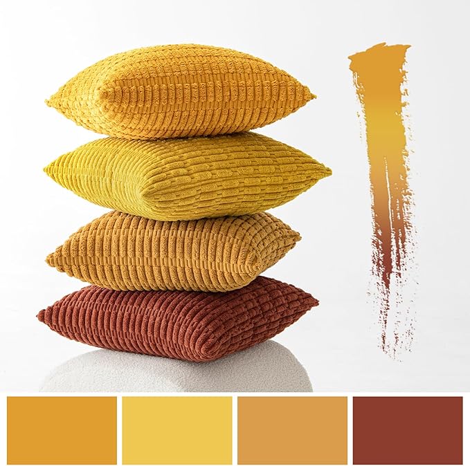 MIULEE Pack of 4 Fall Boho Farmhouse Orange Yellow Corduroy Decorative Throw Pillow Covers 18x18 Inch Soft Striped Pillow Covers Modern Rustic Home Decor for Sofa Living Room Couch Bed