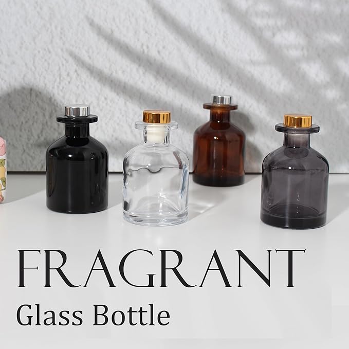 4Pcs Fragrance Glass Diffuser Bottles, Refillable Diffusers Bottles with 16 pcs Reed Diffuser Sticks and Caps,Diffuser Jars for Home Oil Fragrance Decoration Girl Women Gift (4 Color)