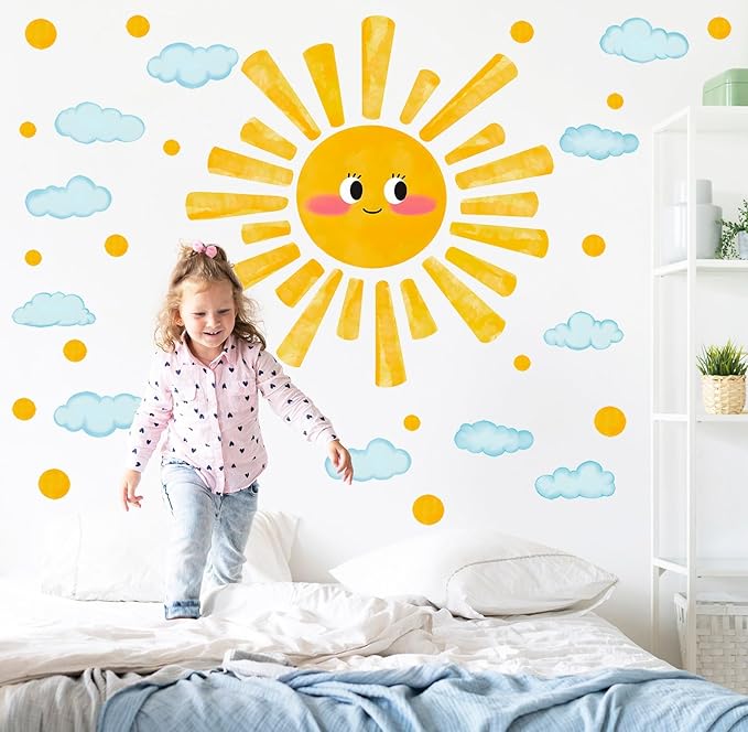 Large Sun Wall Decals Watercolor Cloudy Wall Stickers for Kids Room, Smile Sun Polka Dots Clouds Wall Decor Stickers Peel and Stick Art Murals Decorations for Nursery Classroom Bedroom