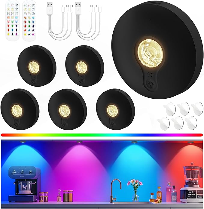 Rechargeable Puck Lights with Remote, 6 Pack Magnetic Under Cabinet Lighting, 1500mAh Battery Operated LED Tap Lights with Dimmer & Timmer for Kitchen, Closet, Shelf - 3 Color Temps & 12 RGB, Black