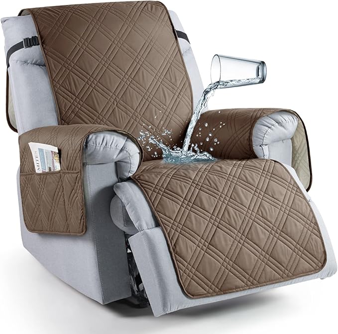 TAOCOCO 100% Waterproof Recliner Chair Cover, Oversized Recliner Covers for Large Recliner Chair with Double Straps, Non Slip Reclining Chair Cover for Kids, Pets(28'', Taupe)