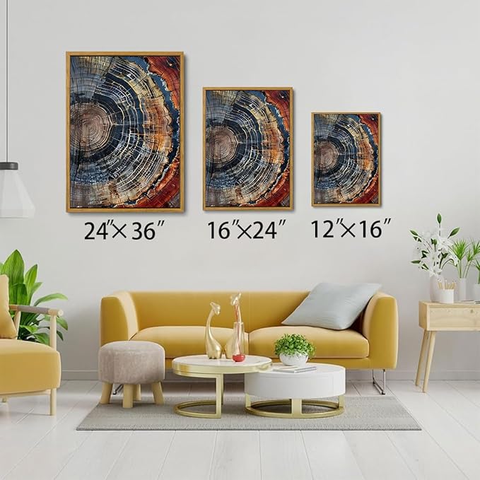 IBHJSART Framed Tree Ring Canvas Wall Art Vintage Colorful Wood Stump Painting Prints Modern Minimalist Pictures Neutral Nature Rustic Farmhouse Decor Living Room Bedroom Bathroom Office