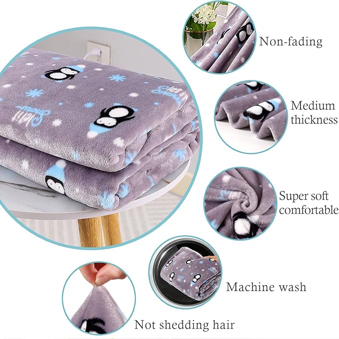 Warm Soft Toddler Fleece Blankets for Boys & Girls with Cartoon Penguin Pattern Print - Cozy Fuzzy Plush Flannel Kids Throw Blanket for Daycare & School - 50x60 inches (Grey)