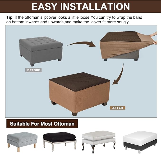 NeColorLife Square Ottoman Cover Waterproof Ottoman Slipcover Thick Storage Footrest Stool Covers Furniture Protector for Pets,Kids(Medium Size,Dark Coffee)