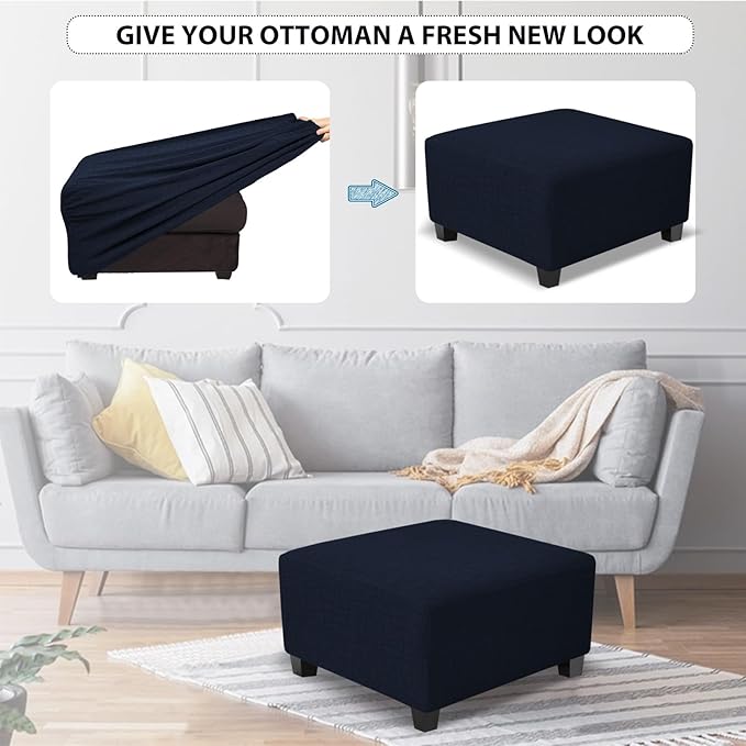 Square Ottoman Cover,Soft Stretch Jacquard Slipcover with Dual Waterproof Layers,Washable Furniture Protector for Pets,X-Large,Navy Blue