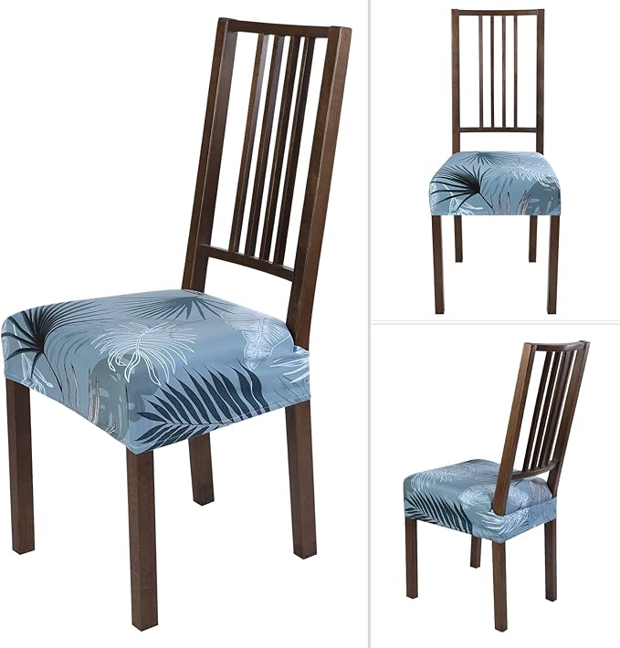 SearchI Stretch Dining Chair Seat Covers Set of 4, Soft Removable Washable Seat Covers for Dining Chairs, Dining Room Seat Cover Slipcover Protector (Rear-Covered, Blue Foliage)