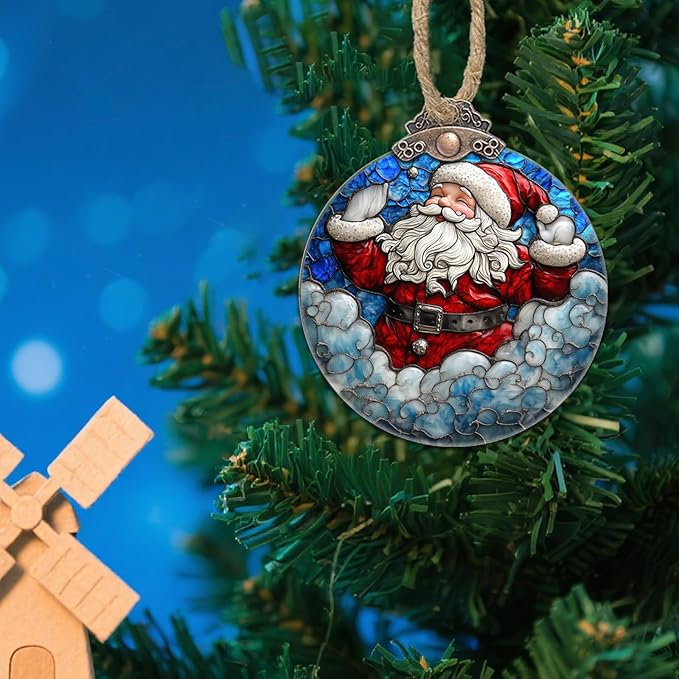 Stained Glass Christmas Decorations, Red Man Santa Claus Blue Cloud Suncatcher for Window Christmas Tree Hanging Ornaments Sun Catcher Xmas Decor Gifts for Women Men Mom Nana Friend