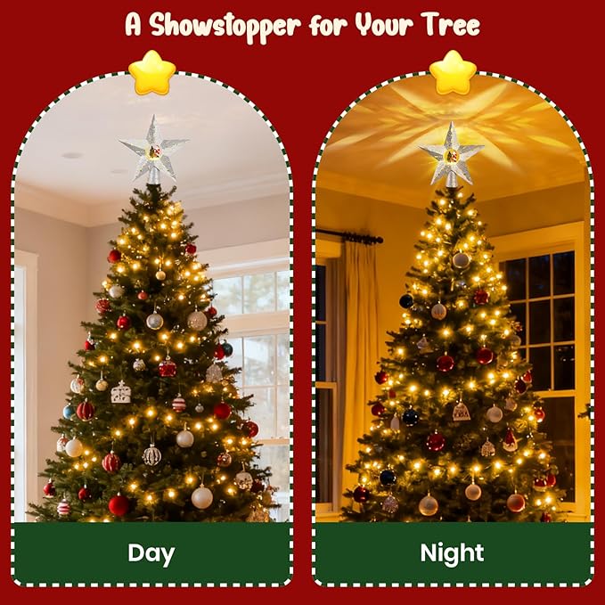 Silver Rotating Christmas Tree Topper Star with Santa Scene, 4 Warm Yellow LED Lights, Spinning Motion, Glitter Silver Finish, Tree Decoration with 9.8FT Power Cord for Holiday Home Decor