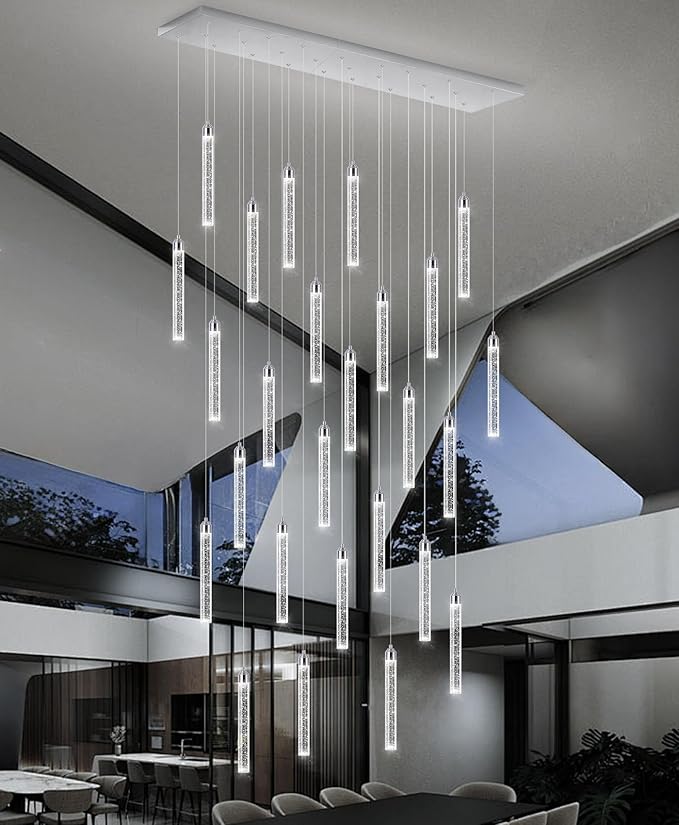 Rectangular Chandeliers 26-Lights Long Light for Entryway LED Dimmable Chandeliers Lighting Fixture Flat Sloped High Ceiling Pendant Lights Crystal for Living Room Foyer Hallway Staircase Silver