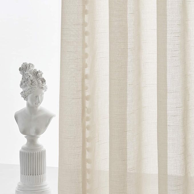 Treatmentex Pompom Linen Sheer Curtains for Living Room Bedroom 72 inches Long Slub Textured Window Curtain Drapes for Office 2 pcs, Beige