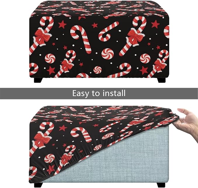 Christmas Candy Cane Rectangle Footstool Cover 30x24x15 Inch Stretch Ottoman Slipcover with Nonslip Elastic Bottom Small Storage Footrest Stool Cover for Ottoman Decor