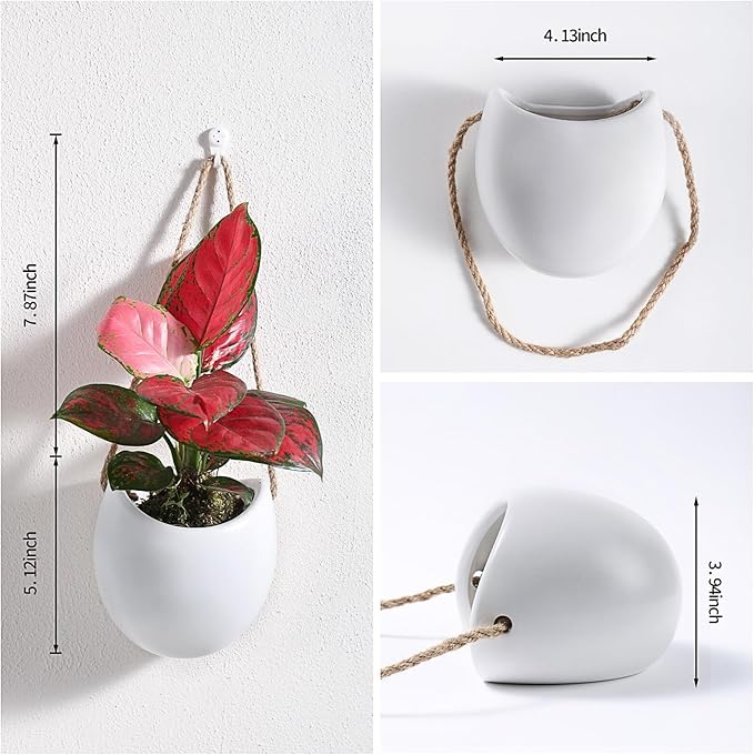 Set of 3 Ceramic Wall Planters with Hooks, Hanging Planter for Greenery and Dried Flowers, Home & Office Wall Decor