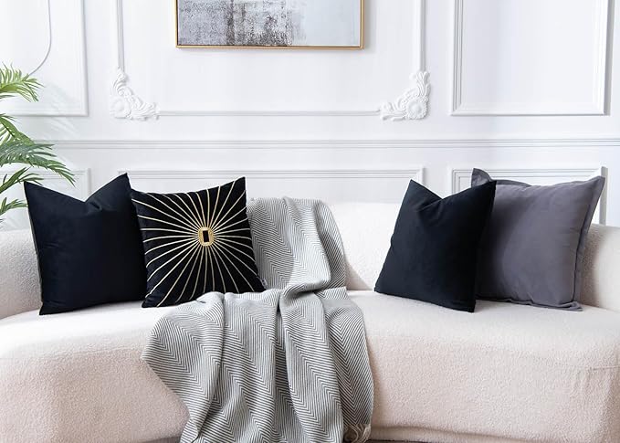 JUSPURBET Black Throw Pillow Covers Set of 2 Decorative Velvet Pillow Covers for Couch Sofa Bed Soft Cushion Covers Cases with Invisible Zipper for Living Room Home Decor 18x18 inch