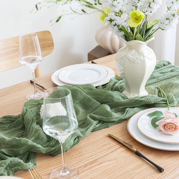 Asee'm Cheesecloth Table Runner 120 Inches Sage Green Boho Gauze Cheese Cloth Runner 10FT Rustic Sheer Table Runners for Valentine's Day Wedding Baby Shower Holiday Party Decoration