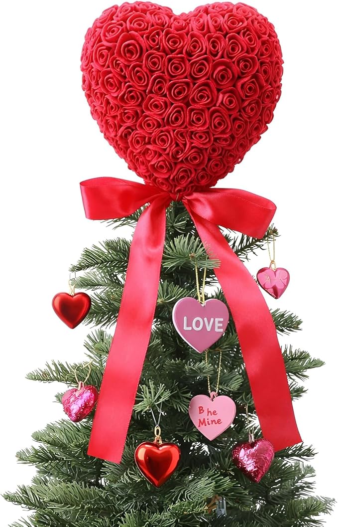 Soulchen Valentine Day Tree Topper 11.8 Inch Red Heart Tree Topper with Bow Artificial Rose Flower Valentines Trees Ornaments for Valentine's Day Wedding Holiday Party Supplies