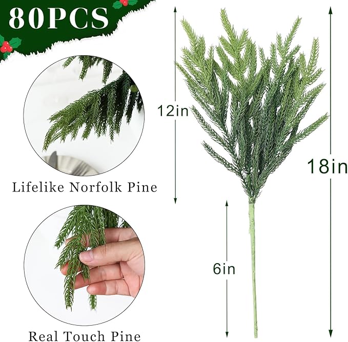 80 Pcs Real Touch Norfolk Pine Branches, Artificial Christmas Green Plants Branch Faux Greenery Stem Fake Pine Picks for Vase DIY Crafts Garland Wreath Xmas Indoor Outdoor Decor(18 Inches)