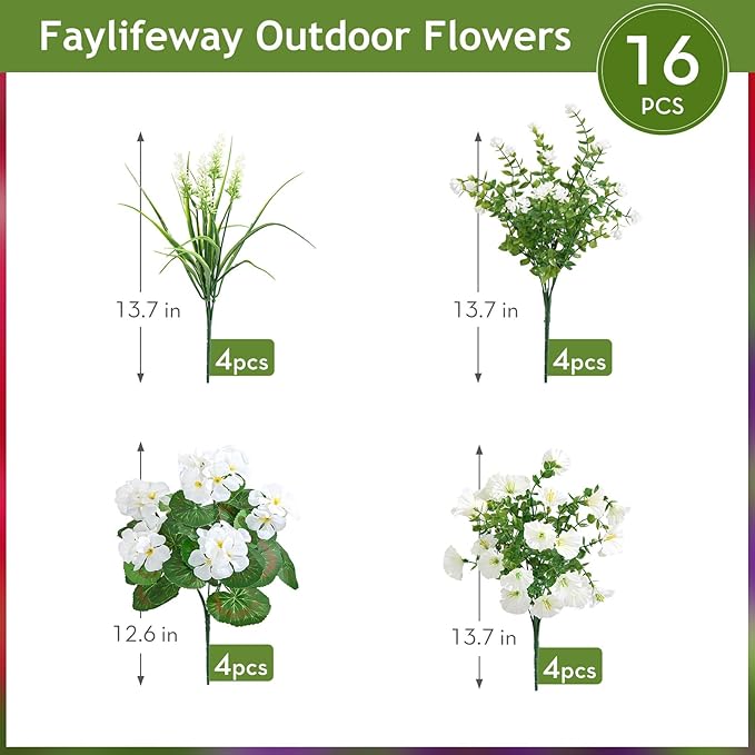16 Bundles Artificial Flowers for Outdoors, UV Resistant Silk Faux Flowers for Outside Planters,Garden,Porch,Patio,Yard,Home Decor(White)
