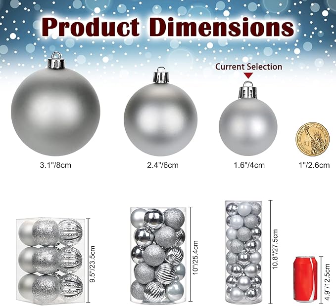 1.57" Silver Christmas Balls Ornaments 40 Pcs Shatterproof Christmas Ornaments Set Small Halloween Silver Ornament for Xmas Tree Holiday Party