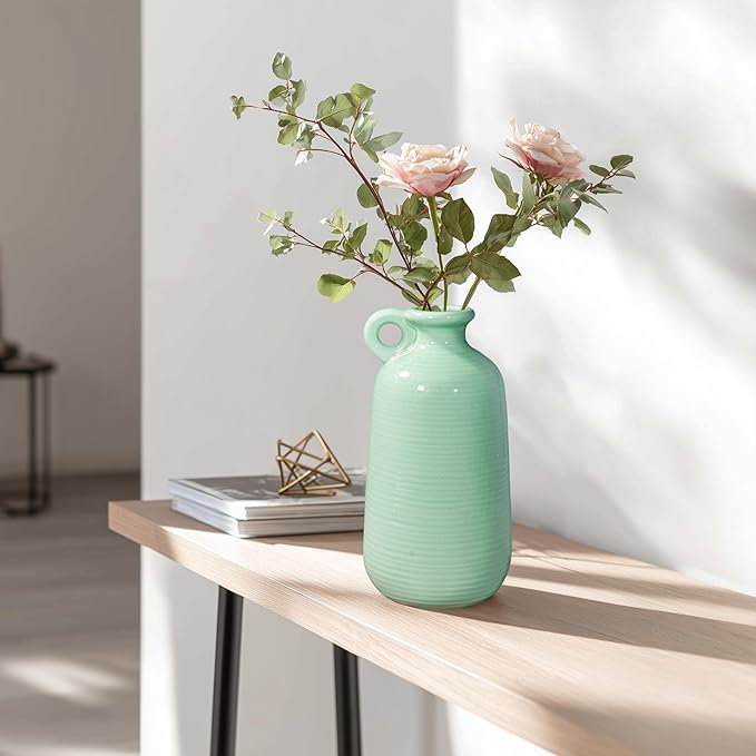 Sunddo Ceramic Flower Vase 10 Inch - Green Decorative Vases with Handle, Modern Vase for Home Decor, Mantel, Living Room, Bedroom, Table, Bedroom Decor