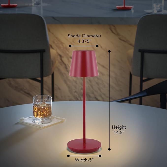 Generation Lighting Mena Accent Rechargeable Table Lamp – 14.5” Dark Red Steel Lamp with 3-Way Base Switch, 2.4W Up/Down LED at 2700K, 260 Lumens, USB-C, Wet Rated (8000701-211)
