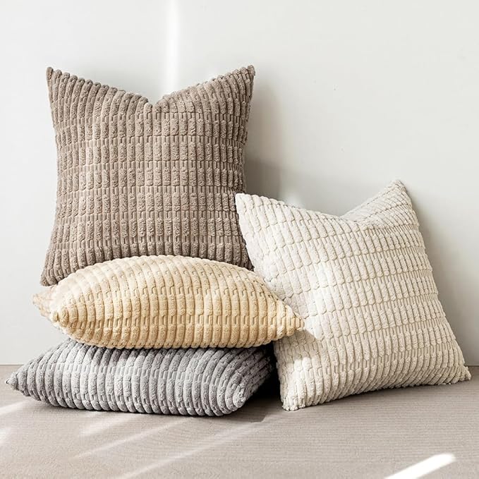 MIULEE Pack of 4 Neutral Decorative Throw Pillow Covers 16x16 Inch for Couch Sofa Living Room Bed Rustic Farmhouse Boho Corduroy Soft Striped Pillow Covers Home Decor
