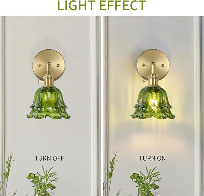 Vintage Wall Sconces Set of 2, Rose Green Lampshade & 180 Degree Adjustable, Brass Wall Lights, for Bedroom Living Room Hallway Aisle, Bulbs Not Included, ETL Listed