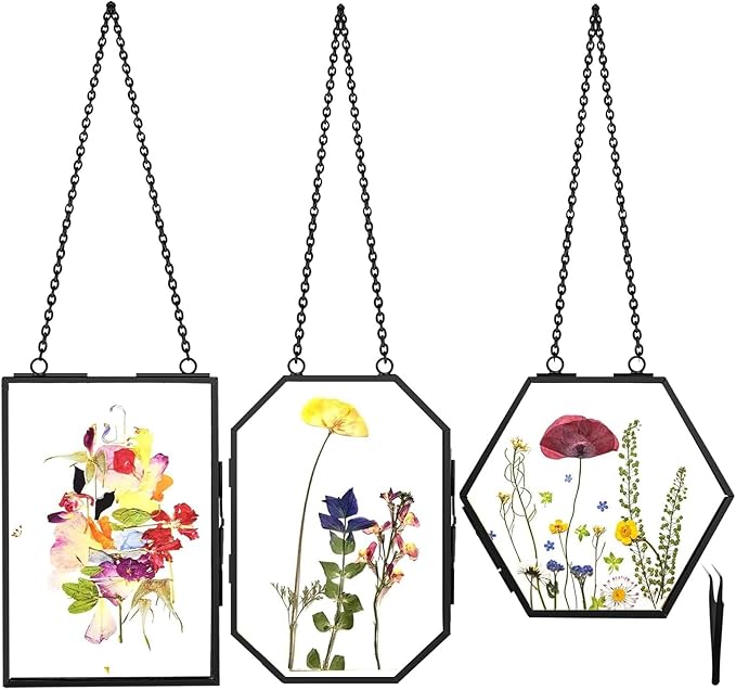 Hanging Pressed Flower Frames, 3Pcs Double Glass Floating Picture Frame Handmade, Glass Frame for Pressed Flowers, Vintage Brass Picture Frame for Artwork Wall Display Mount, Black