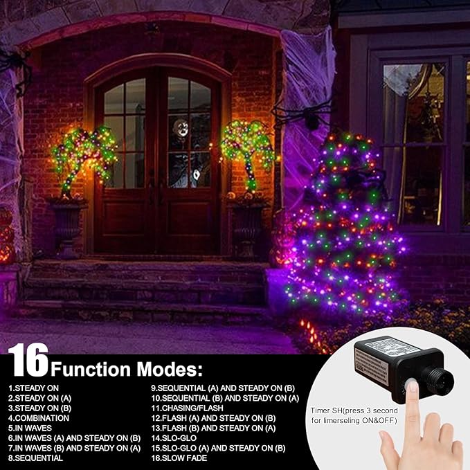 LAMPHOME 33ft Halloween Decorative Mini Lights, 100 LED Brown Wire Fairy Starry String Lights Plug in, 16Lighting Modes for Halloween Outdoor Party Decoration (Orange/Purple/Green)