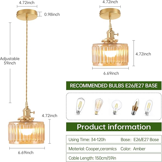Battery Operated Pendant Light 5000mAh Rechargeable Chandelier with Remote Control Wireless Adjustable Hanging Amber Striped Light for Kitchen Island Dining Room Hallway