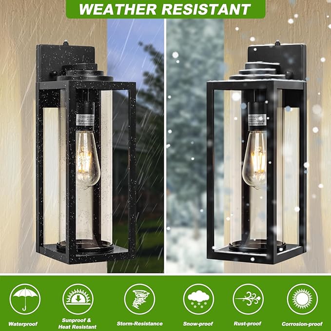 16 inch Dusk to Dawn Outdoor Wall Light - 2 Pack Exterior Waterproof Outside Lighting, Modern Porch Sconces, Wall Mounted Fixtures, Industrial Anti-Rust Matte Black Lantern for Front Door