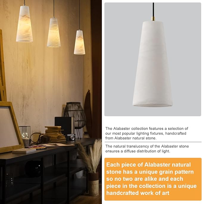 Alabaster Pendant Lights Kitchen Island,White Pendant Light Set of 2, Marble Shade Brass Cone Lighting Fixtures for Bedroom Bathroom Dining Room Living Room H-10in (Bulbs INCL)