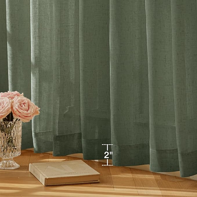 Anmao Natural Linen Curtains for Living Room 108 Inch Length 2 Panels Set, Light Filtering Semi Sheer Window Curtain Drapes for Bedroom with Curtain Rings and Clips, 52 Inch Wide Each Panel, Olive