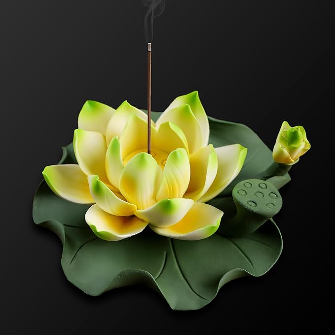 Lotus Incense Burner - Incense Burner Holder for Home Incense Holder Decor Incense Holder for Sticks Yoga, SPA(Z4-Green Yellow)