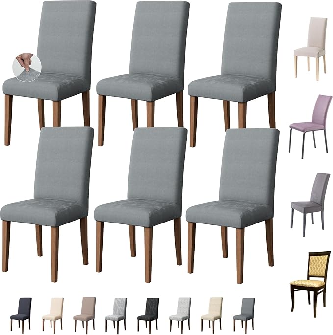 Chair Covers for Dining Room Set of 6, Washable Parson Chairs Slipcover Kitchen Seat Protector for Home, Party, Hotel, Banquet (Chenille Grey)