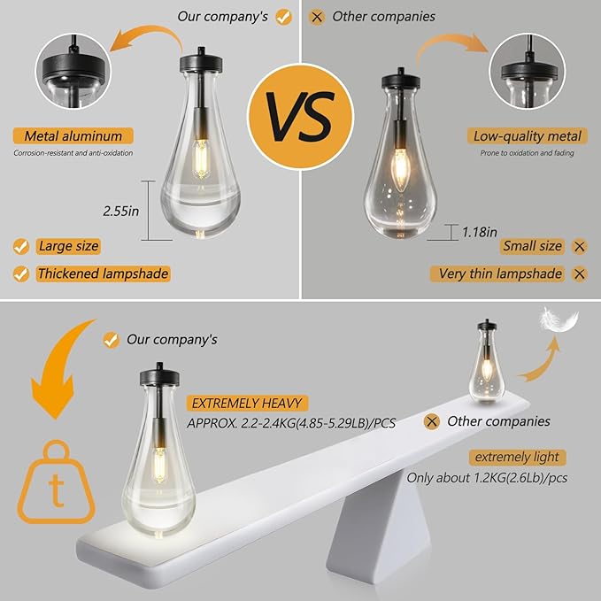 Raindrop Pendant Lights Kitchen Island Teardrop Black Hanging Light Fixtures Clear Solid Glass Pendant Light Modern Chandeliers for Dining Room Porch Corridor Living Room(2-Light)