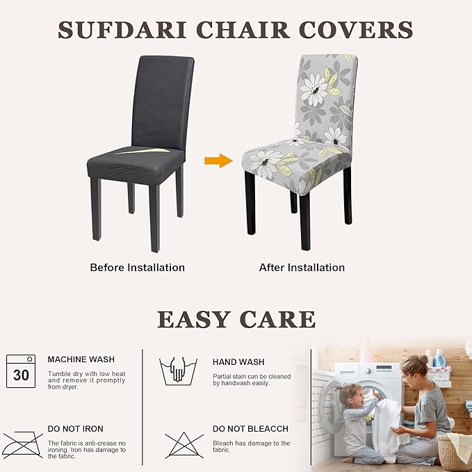 Sufdari Dining Chair Covers,Kitchen Chair Cover,Parsons Chair Slipcover,Spandex Chair Protectors for Dining Room Stretch Chairs Cover Set of 8 -Grey Floral