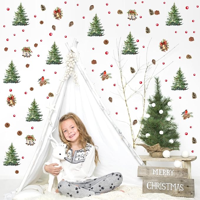 Pine Tree Wall Stickers Watercolor Christmas Tree Wall Decals Peel and Stick Removable Pine Cones Winter Wall Art Stickers Merry Christmas Bell Decals for Living Room Kids Gift Xmas Party Supply Decor