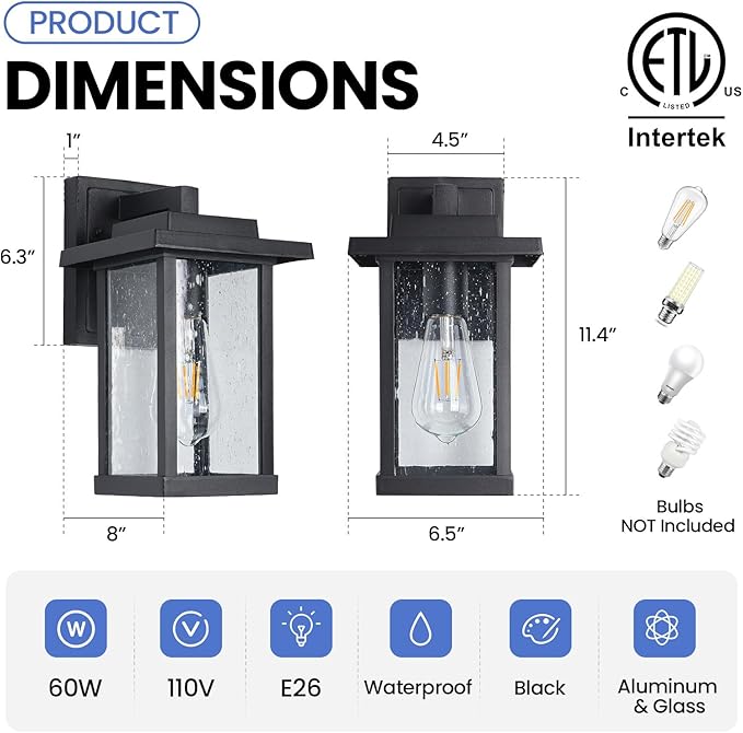 Black Exterior Light Fixtures 2 Pack, Farmhouse Outdoor Wall Sconce, Modern Front Porch Light with Seeded Glass for House Patio Garage Entrace