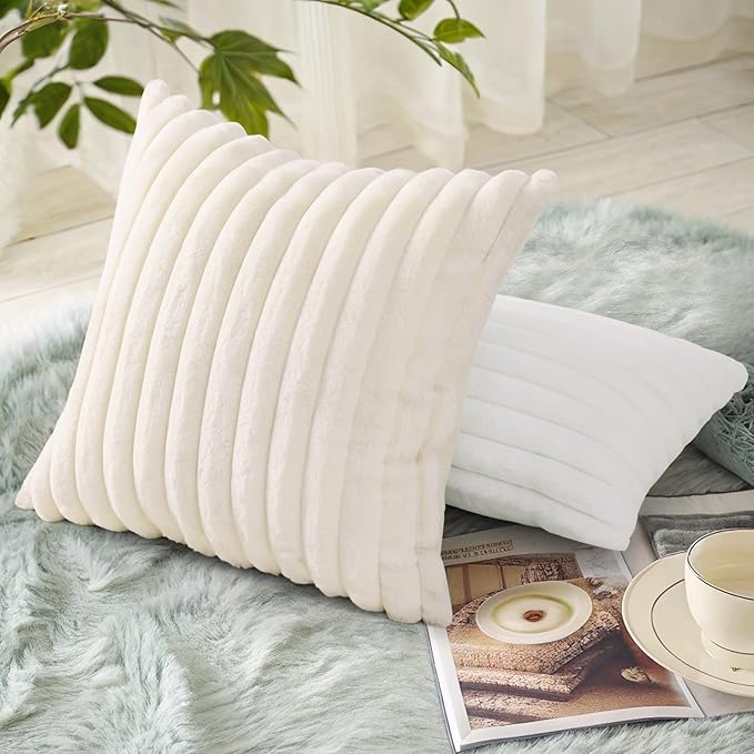 decorUhome Faux Fur Christmas Throw Pillow Covers 20x20 Set of 2, Decorative Soft Plush Striped Neutral Couch Euro Pillow Covers with Velvet Back for Sofa, Bed, Living Room Home Decor, Cream White