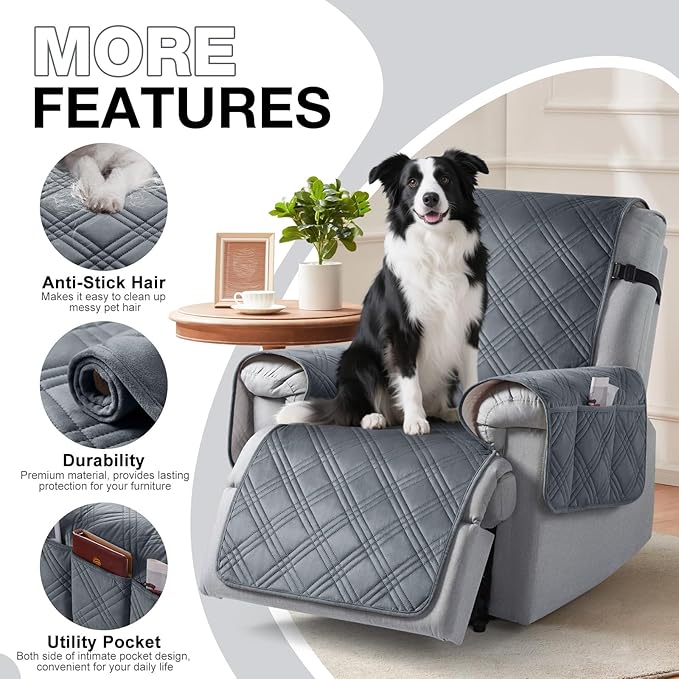 TAOCOCO 100% Waterproof Recliner Chair Cover, Recliner Covers for Recliner Chair with Pocket, Non Slip Reclining Chair Cover Furniture Protector for Kids, Pets(30'', Dark GreyVelvet)