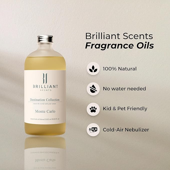 Brilliant Scents Monte Carlo Fragrance Oil 120ml - Premium Diffuser Oil for Home, Office, Hotels - Long Lasting, Plant-Based, Meets IFRA Standards, USA-Made - Jasmine, Lemongrass, Green Tea