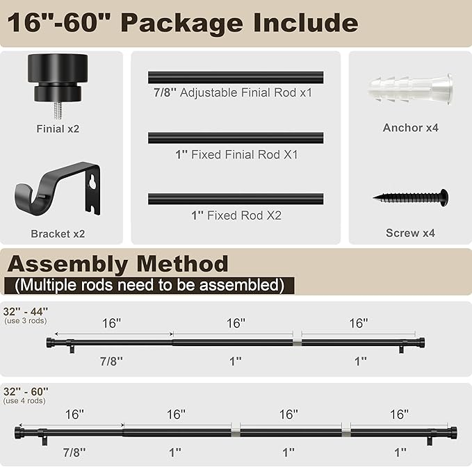 PORTRES Black Heavy Duty Curtain Rods for Windows 28 to 48 Inches Adjustable Length 1" Diameter Curtain Rod with Modern Decorative Finials for Outdoor Farmhouse Bedroom Kitchen Living Room