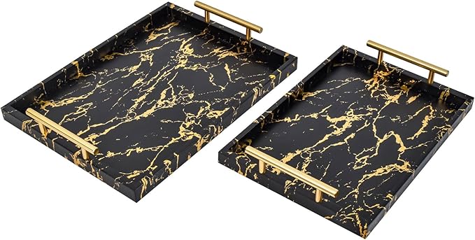 Modern Decorative Tray Set of 2 - Black and Gold Marble Wood Serving Tray with Gold Polished Metal Handles for Ottoman, Coffee Table, and More